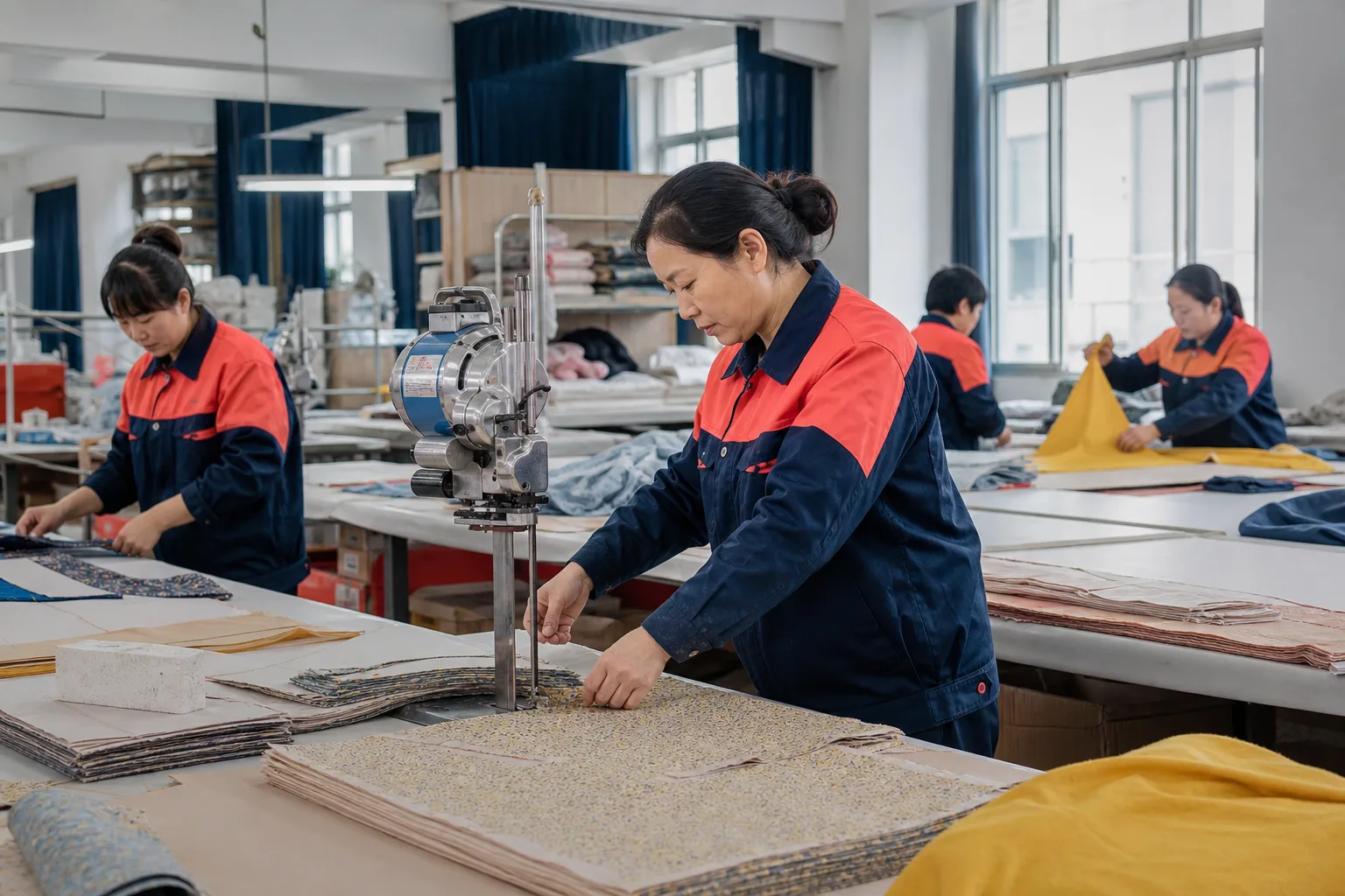 Chinese garment workers cutting children's clothing fabric
