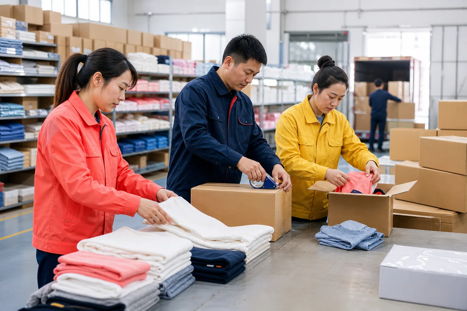 Chinese apparel team packing children's clothing for dispatch