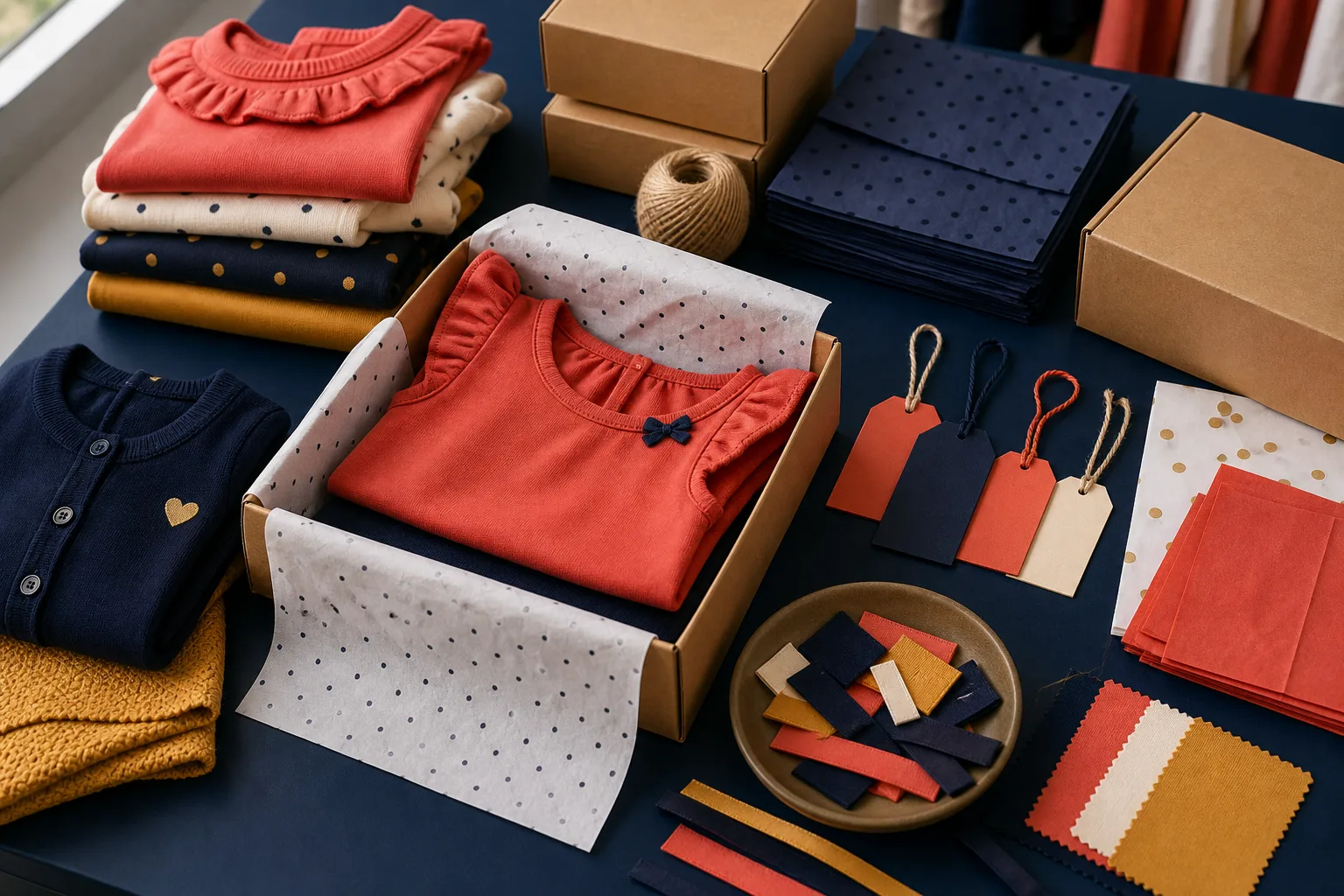 Private label children's clothing packaging and garment samples