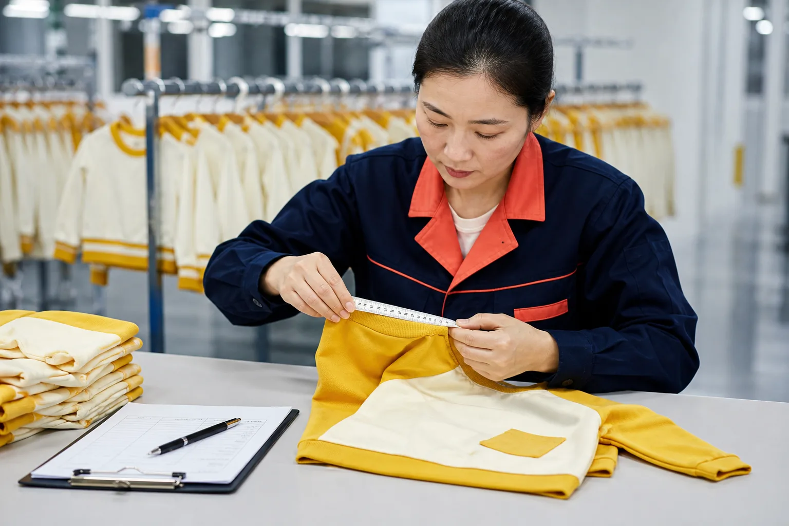 Chinese quality inspector checking children's garment measurements