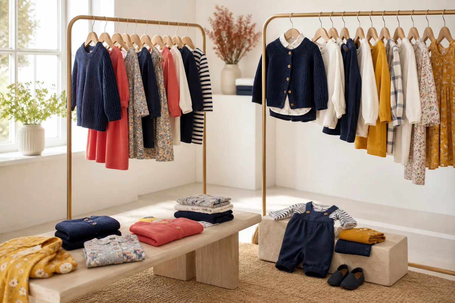 Seasonal children's clothing collection arranged for a buyer lookbook