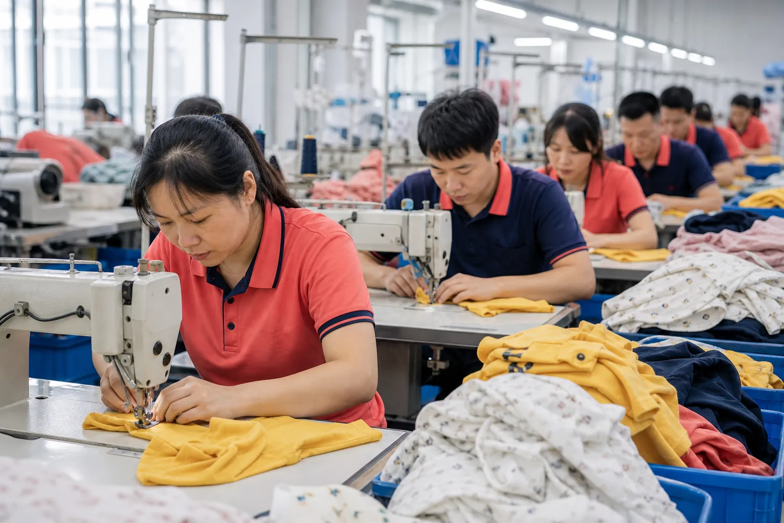 Chinese workers sewing children's clothing on a production line