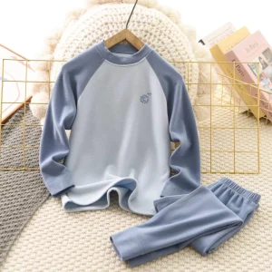0-15Years Children’s Underwear Set for Boys and Girls Two Piece Solid Colors Warm Thick Kids Pajamas
