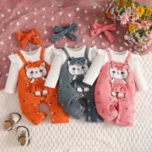 0 18m Baby Summer Baby Girl 3 Piece Fashion Button Closure Pit Ruffled Long Sleeve Romper Corduroy Flower Straps Shorts Set