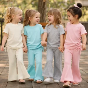 1 10Y Kids Girls Summer Clothing Set Sweet Worsted Solid Color Drawstring Top Flare Pants 2Pcs Boutique Fashion Toddler Clothes