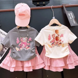 1 7Years Cartoon Printed Summer Girl’s Clothing Kids Dress Set Two Piece Tops + Pleated Maxi Skirt Girls Clothes Set