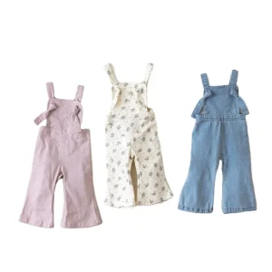 100% Cotton Baby Girls Cute Summer Overalls Custom Printing Flare Jumpsuit Denim Casual Worsted Lightweight