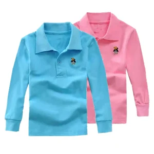 100% Cotton Boys Polo T-shirts & T-shirts Fall Long Sleeve Kids School Uniform with O-Neck Collar Solid Teen & Girls Design