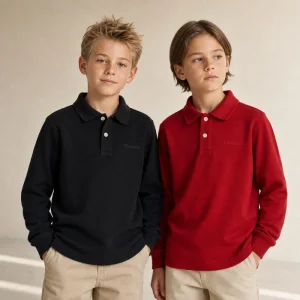 100% Cotton Children Polo Shirts Long Sleeve Solid Color Boys Casual Tops OEM Custom Embroidery Logo Breathable