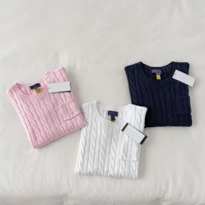 100% Cotton Girls Short Sleeve Cable-knit Sweater Kids Crew Neck Knitted T-Shirt with Pocket Soft Breathable Children Tops