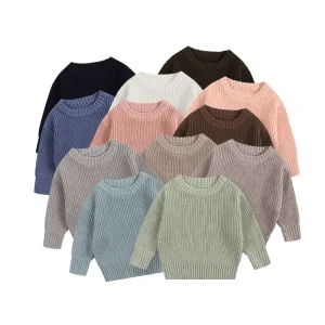 100% Cotton Infant Toddler Puff Sleeve Crew Neck Knitted Sweater for Boys Girls Solid Color Casual Style