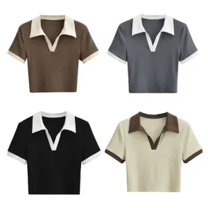 100% Cotton New Design OEM Knitted Lapel Polo T-shirt Embroidery Decorated Casual Short Top for Girls