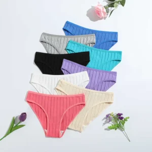 100% Cotton Ribbed Butt Lifting Women’s Briefs Solid Color Low Rise Breathable Double Layer Crotch Teen Girls’ Underwear