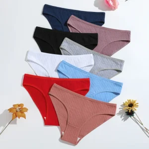 100% Cotton Ribbed Women’s Briefs Solid Color Mid Rise Lace Breathable Double Layer Gusset Teenage Girls’ Underwear