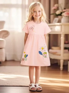 100% Cotton Summer Straight Floral Neck Girls’ Dress Breathable Pink Embroidery Short Sleeve Knee-Length Children’s