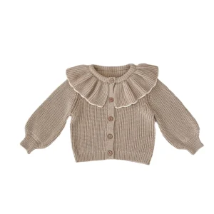 100% Organic Cotton Knitted Cardigan Sweater Top for Girls 0-3 Years Old Spring Autumn Casual Ruffle Collar for Infants