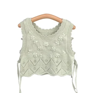 100% Organic Cotton Knitted Vest for Girls Spring Summer Korean Version Camisole Embroidered Loose Cotton Sweater Baby Rompers