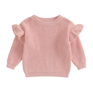 100% Organic Cotton Newborn Baby Girl Boy Knitted Ruffled Long Sleeve Sweaters Solid Color Loose Pullover Toddler Casual Tops