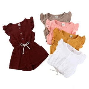 100% Organic Cotton Solid Color Toddler Baby Girls Clothing Sets Boutique Sleeveless One Pieces Jumpsuit for Summer