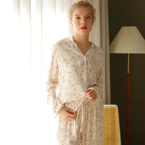 100% Viscose Custom Pajamas Soft Pyjamas Set Girls Satin Pijamas Sets Flowers Pattern Nightwear Women Sleepwear