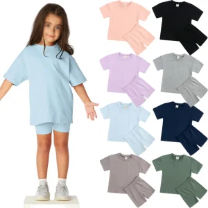 18 Colors Mixed Cotton Girls’ Leisure Sports Suit Spring Summer Short sleeved T shirts Children Kids Clothing
