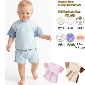 1Pcs Private Label Summer Baby Infant Boys Girls Color Block Clothes 95% Cotton T-Shirt Shorts Patchwork Toddler Clothing Set