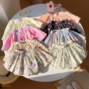 2 8T Girls Shorts Flower Toddler Kids Baby Girl Clothes Cotton Summer Floral Skirt Shorts Beach Holiday Loose Wide Leg Hot Pants