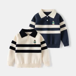 2-8Y Boys Polo Sweater Striped Cartoon Embroidered Toddler Knitwear Soft Cotton Blend Contrast Collar Kids School