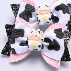 2 PC Girls Cow Print Glitter Bow Hair Clips Cute Cow Bow Grosgrain Ribbon Bow Clips Girls Hair Accessories Headwear Hair Clip