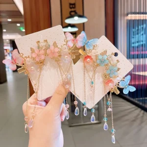 2 Pcs Set Cardboard Package Chinese Style Headwear Set Butterfly and Tassel Hair Clip for Girls Kids Hair Accessories