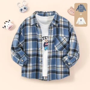 2 Piece Breathable Polyester Cotton Autumn and Spring Boys Shirts Set Plaid Long Sleeve Turn Down Collar Kids Shirt Casual Tee