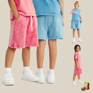 290GSM Acid Wash Cotton Athletic Shorts for Girls Boys Plus Size Workout Dance Short for Summer Toddler Kids Running
