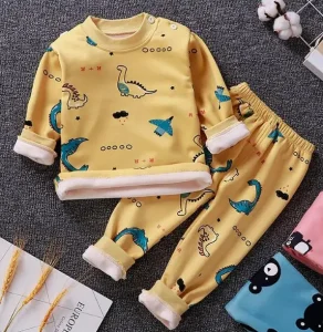 2Pcs Baby Boy Girls Underwear Set Plus Velvet Thickening Pajamas Thermal Underwear Winter Boy Cartoon Clothing Suit