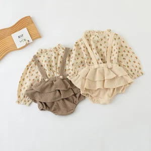 2Pcs Vintage Baby Girl Clothes Set Summer Cotton Girls Floral Blouse Shirt Romper Dress Spring Newborn Baby Girl Clothes Outfits