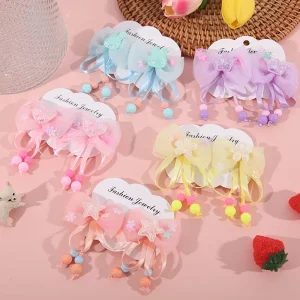 2pcs Chinese Costume Sweet Candy Bowknot Hair Bow Clip Set Tassel Beads Flower Hair Pins Kids Hair Accessories for Girls Jewelry