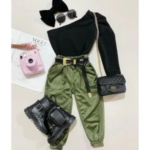 2pcs Fashion Autumn Kids Girls Clothes Set Long Sleeve One Shoulder Solid Tops Elastic Pants Outfit 2-7Y
