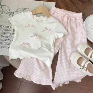 2pcs Girls Casual Clothing Set Summer Print Bow Trousers with Ruffled Princess Short Sleeved Shirt Suit for Toddlers