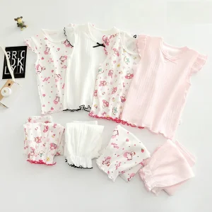 2pcs Girls Casual Clothing Sets 100% Cotton Kids Nightwear and Sleepwear Solid Pattern Pajamas Set for Girls