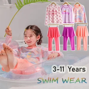 3-11 Years Girl Long Sleeve Fake Skirt Pants 2-Piece Swimwear Candy Color Swimsuit