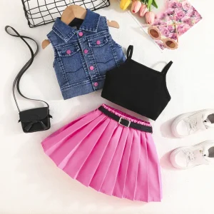 3-7Y Girls Summer Denim Jacket & Pleated Skirt Belt 4 Piece Set Solid Eco Friendly Casual Kids Clothing