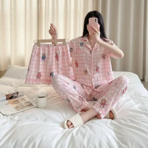 3 Piece Girls Summer Lightweight Cloud Cotton Pajama Set 3/4 Sleeve Top Full Length Pants Cute Cartoon Print Machine Washable