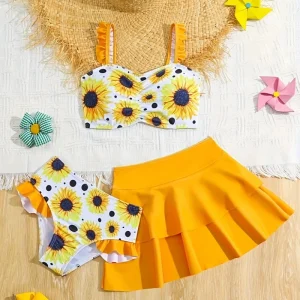 3 Pieces Bikini Top & Skirt Girls Swimsuit Kids High Waist Swimwear Children Bathing Swimming Suit