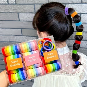 32 Pack Colorful Children’s Elastic Rainbow Gradient Hair Rings Hair Accessories Box Ribbon Women’s Hair Tie Ponytail