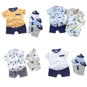 34 Design Mixed Color Matching Stand up Collar Five pointed Star Shirt Short Sleeve Kids Summer Wear Clothing