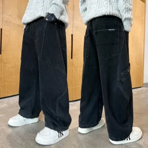 4-14Y Boy and Teenage High Waist Wide Leg Baggy Denim Pants Streetwear Denim Loose Fit Jeans Trousers for Young Boy