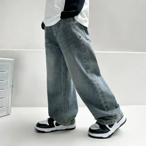 4-14Y New Children Denim Trousers Straight Wide Leg Jeans Retro Washed and Distressed Jeans Teenage Boys Pants