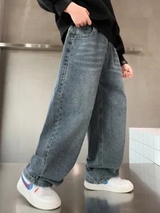 4-15Y Children Trousers Straight Wide Leg Jeans Retro Washed and Distressed Jeans Teenage Boys Pants