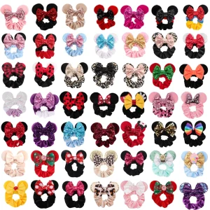 49 Colors Designer Hair Accessory Cute Sequin Bow Elastic Hairband for Kids Girl Velvet Inspired Mouse Ears Hair Scrunchies