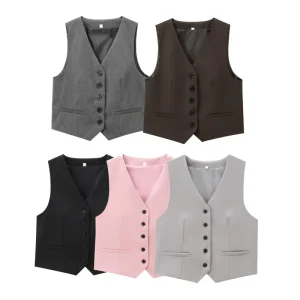 5 Colorway Buttons up v Neck Solid Color Casual Fashion Vest Waistcoat for Women