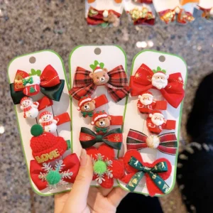 5 Pcs Baby Christmas Cloth+Lace 12cm Hair Clips Bows Set Kids Hair Accessories Hairbands Gift